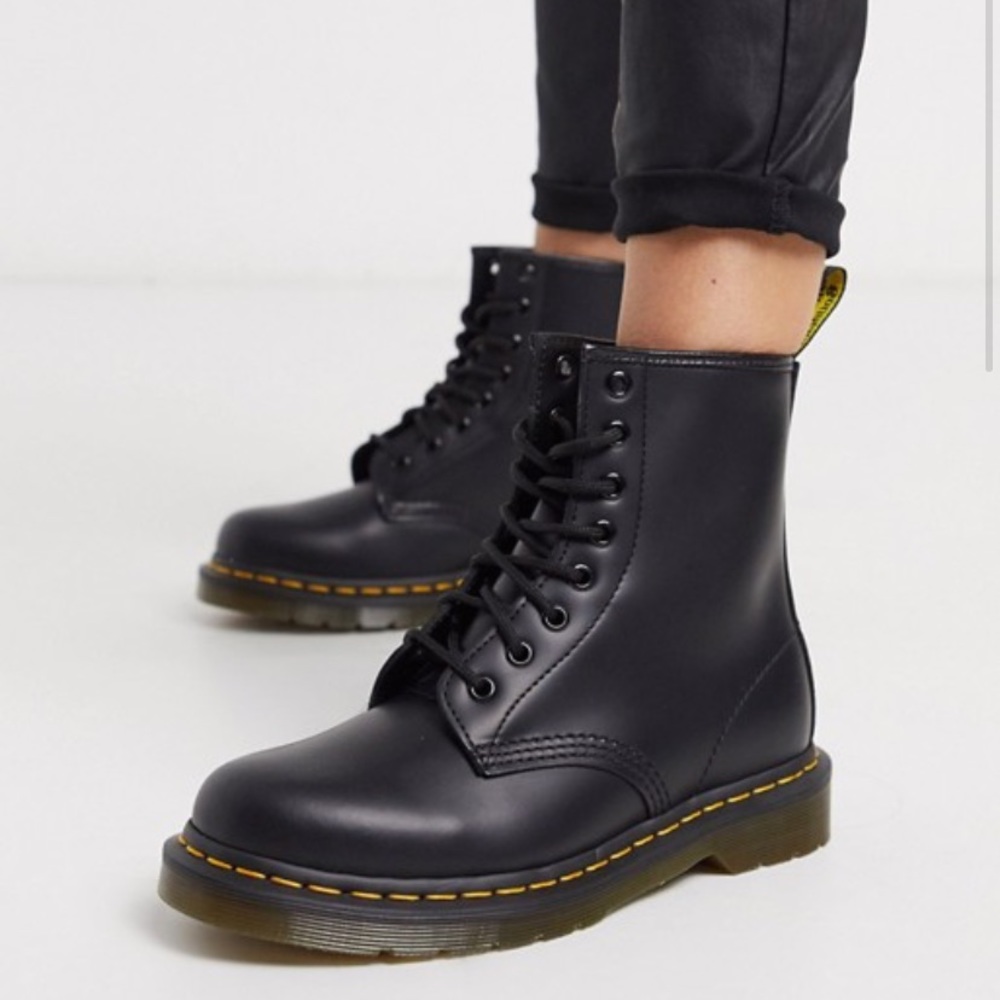 Dr. Martens Black Lace-Up Combat Boots with Yellow Stitching